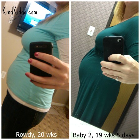 A comparison of my first pregnant belly and this one.  You can see that this time it's definitely popping out there faster. 
